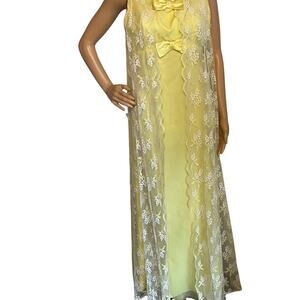 Vintage 60s 70s Yellow Formal Lace Maxi Dress with Bow Details